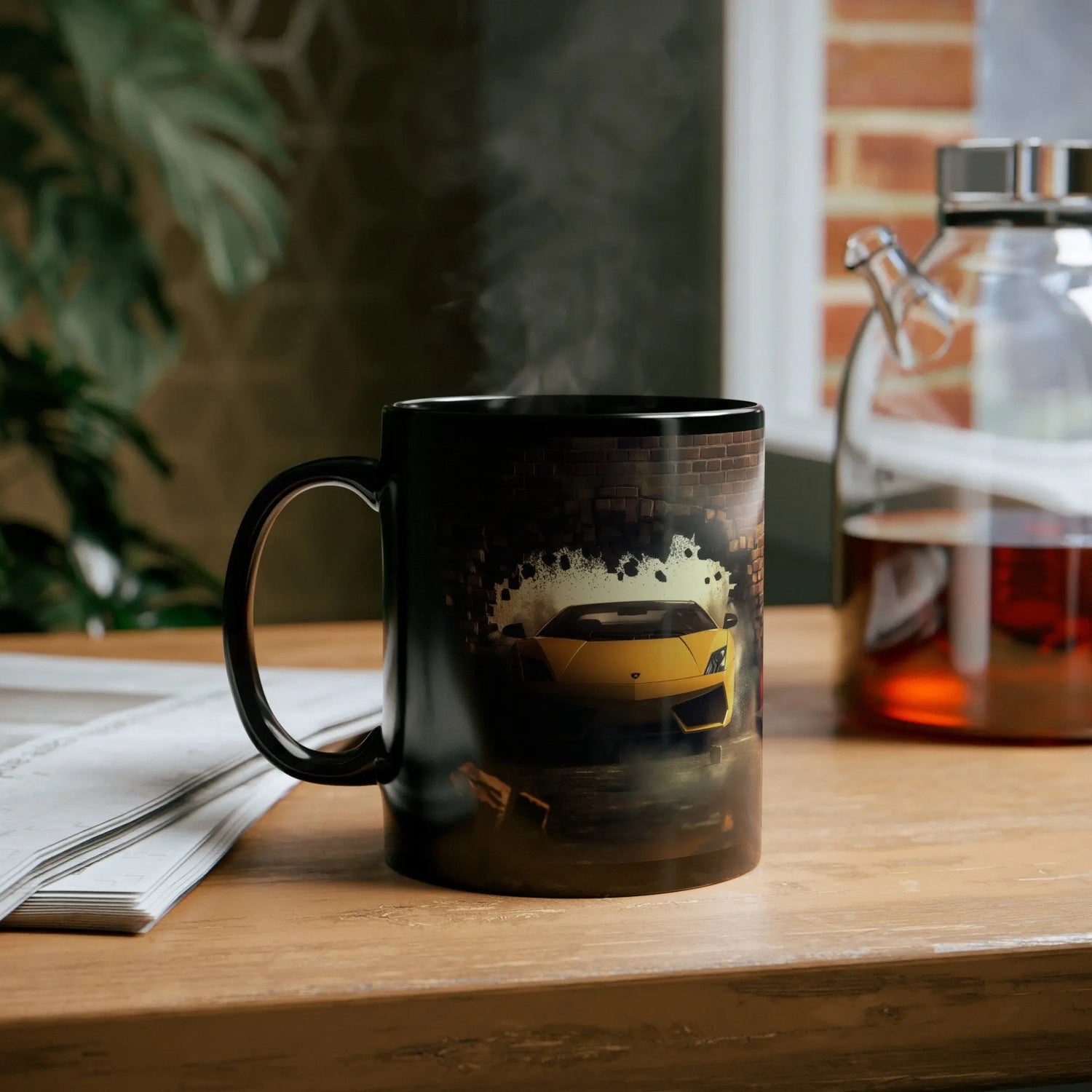 Black Mug (11oz, 15oz), Yellow Lamborghini exotic luxury fancy car custom portrait art design beverage cup The Aurora Touch