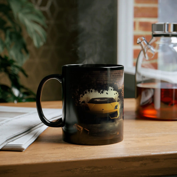 Black Mug (11oz, 15oz), Yellow Lamborghini exotic luxury fancy car custom portrait art design beverage cup The Aurora Touch
