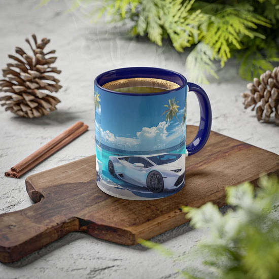 Colorful Mugs, 11oz, White Lamborghini on the beach luxury exotic car coffee beverage kitchen cup decor The Aurora Touch