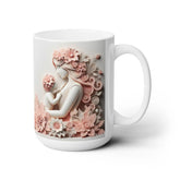 Ceramic Mug 15oz, Mother child large pink white floral everyday mom daughter beverage unique special gift cup