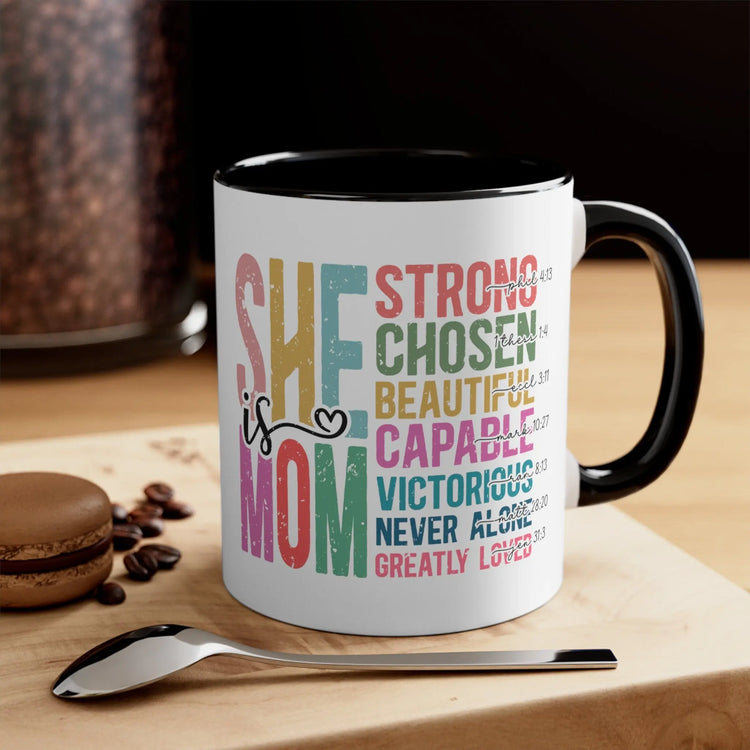 Accent Coffee Mug, 11oz, She is Mom bright coffee colorful encouraging positive strong message enduring two tone beverage cup relative gift The Aurora Touch