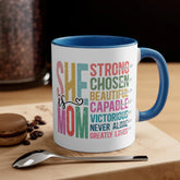 Accent Coffee Mug, 11oz, She is Mom bright coffee colorful encouraging positive strong message enduring two tone beverage cup relative gift The Aurora Touch