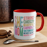 Accent Coffee Mug, 11oz, She is Mom bright coffee colorful encouraging positive strong message enduring two tone beverage cup relative gift The Aurora Touch