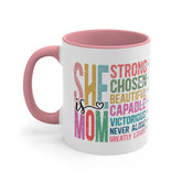 Accent Coffee Mug, 11oz, She is Mom bright coffee colorful encouraging positive strong message enduring two tone beverage cup relative gift