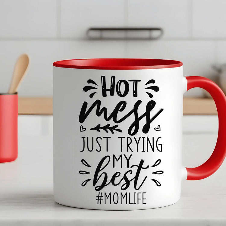 Colorful Mugs, 11oz, Humorous Hot mess Mom Life saying casual 2 tone coffee tea hot cocoa novelty funny cup great gift The Aurora Touch