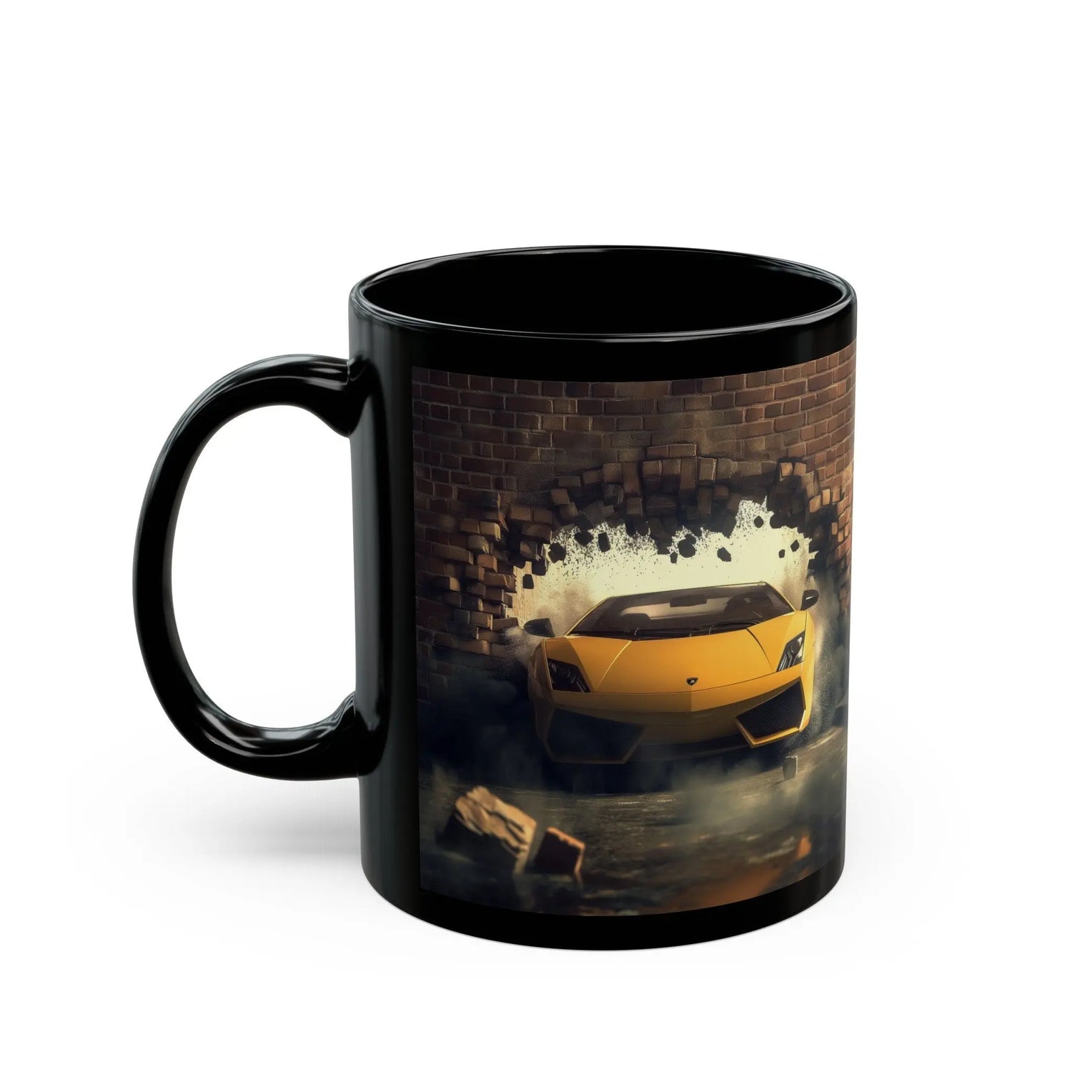 Black Mug (11oz, 15oz), Yellow Lamborghini exotic luxury fancy car custom portrait art design beverage cup The Aurora Touch