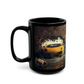 Black Mug (11oz, 15oz), Yellow Lamborghini exotic luxury fancy car custom portrait art design beverage cup