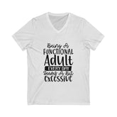 Unisex Jersey Short Sleeve V-Neck Tee, Humorous casual wear, Simple Minimilist Shirt, Cool Light Clothing wear, AllGender Wear