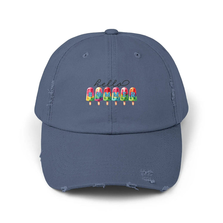 Unisex Distressed Cap, hello summer novelty colorful head cap, daily casual hair cap, Summer Golfing Hat, Everyday casual wear