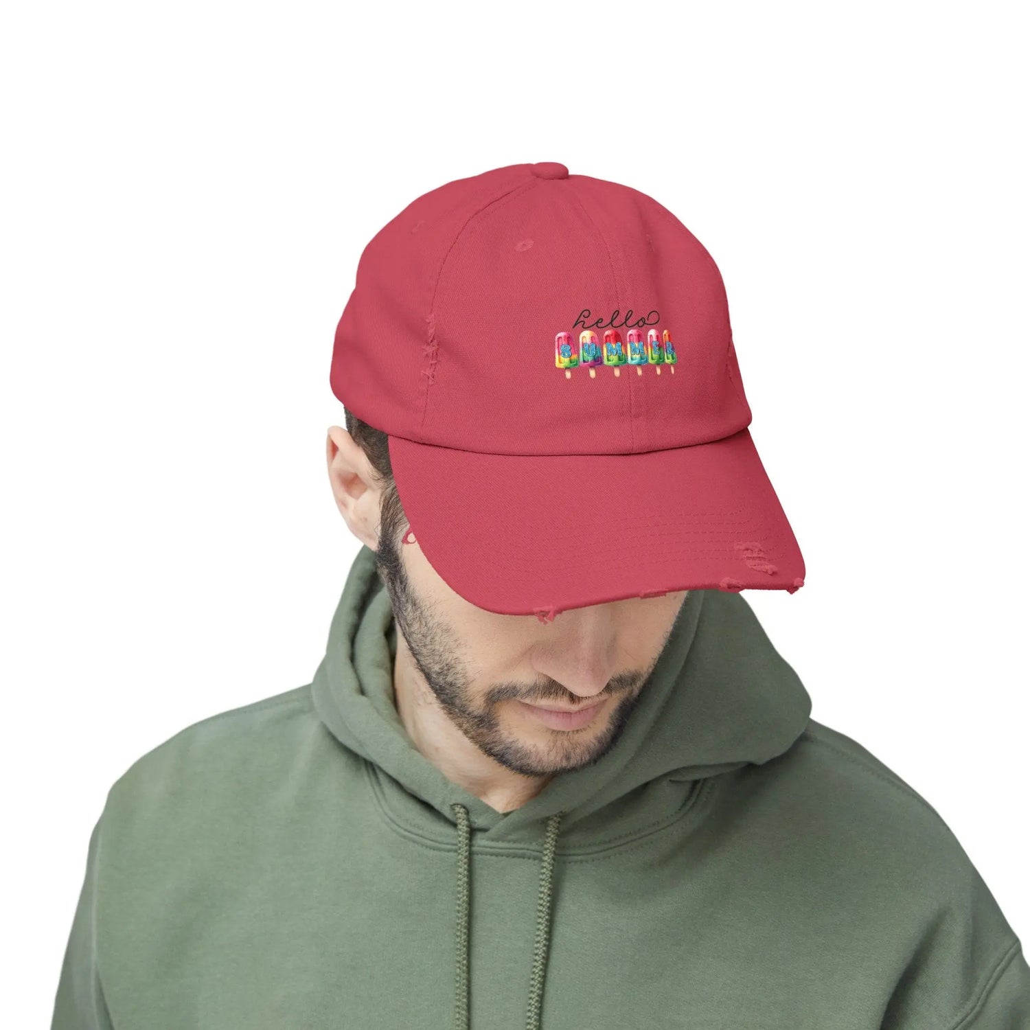 Unisex Distressed Cap, hello summer novelty colorful head cap, daily casual hair cap, Summer Golfing Hat, Everyday casual wear