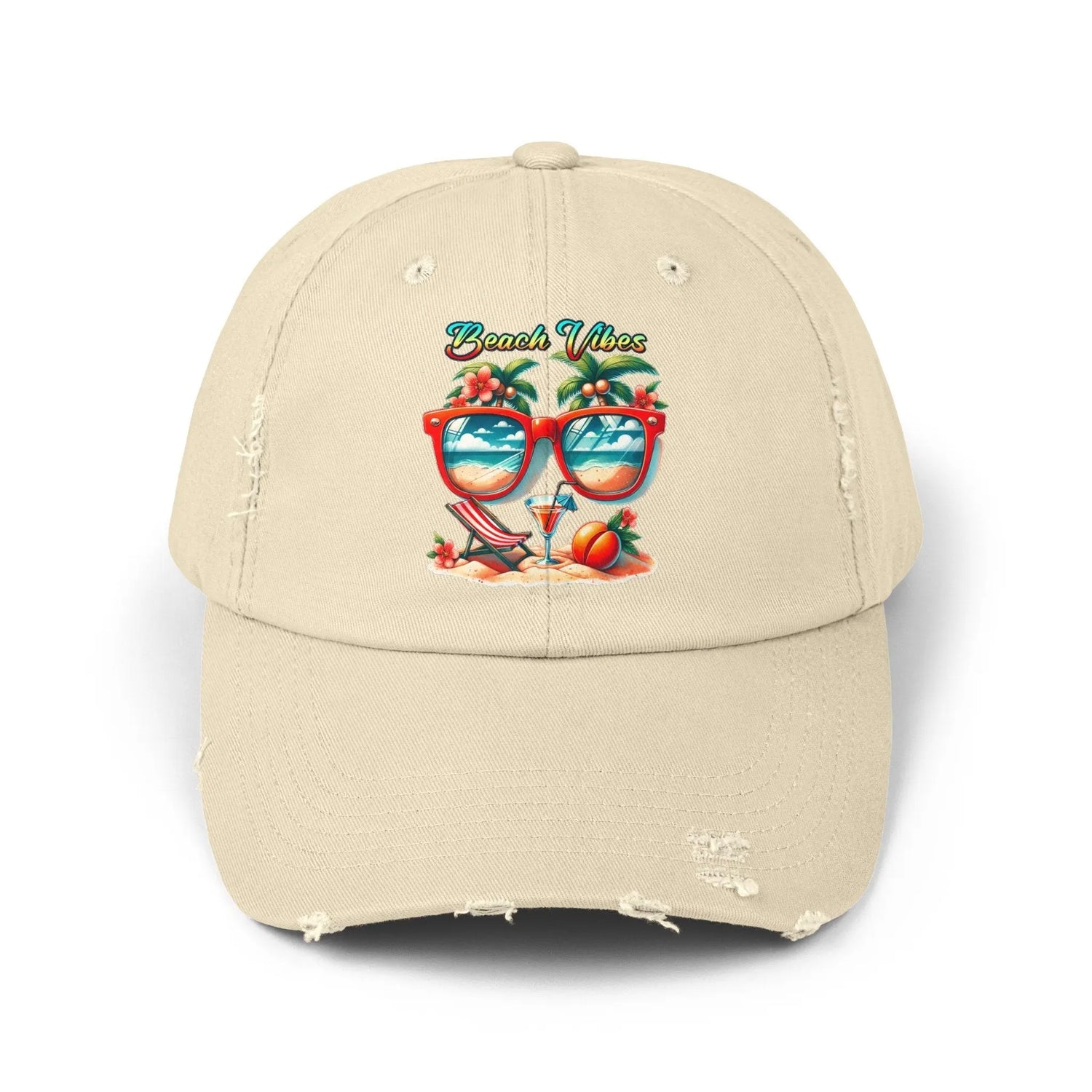 Unisex Distressed Cap, Cool Beach Vibes Casual Summer Laid Back Head cap, Relaxing travel wear, Novelty everyday Golfing hat