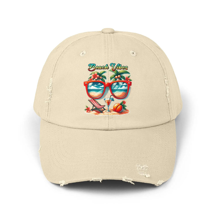 Unisex Distressed Cap, Cool Beach Vibes Casual Summer Laid Back Head cap, Relaxing travel wear, Novelty everyday Golfing hat