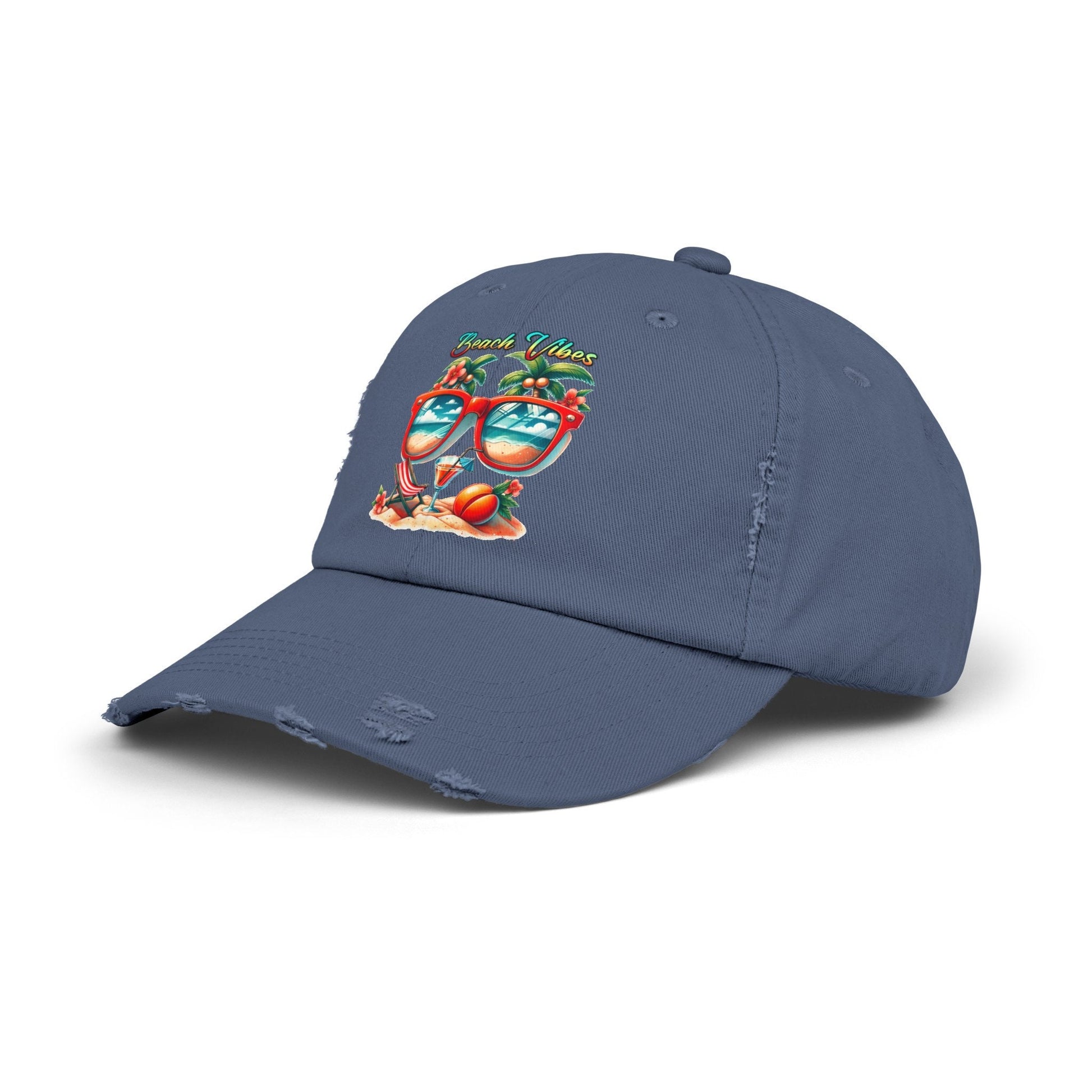 Unisex Distressed Cap, Cool Beach Vibes Casual Summer Laid Back Head cap, Relaxing travel wear, Novelty everyday Golfing hat
