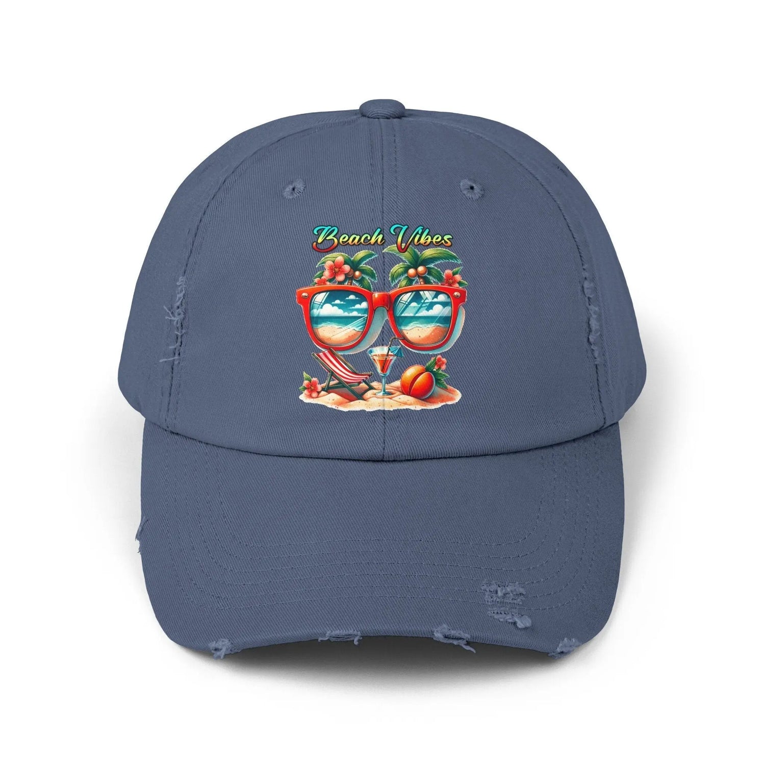 Unisex Distressed Cap, Cool Beach Vibes Casual Summer Laid Back Head cap, Relaxing travel wear, Novelty everyday Golfing hat