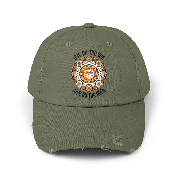 Unisex Distressed Cap, Moon Tarot Inspired designed hat, Celestial designed baseball cap, All Gender baseball hat, Stylish everyday wear The Aurora Touch