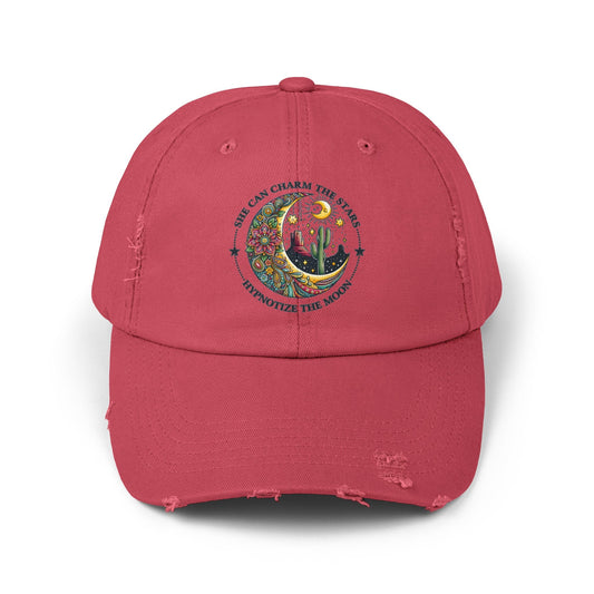 Unisex Distressed Cap, Female empowerment baseball cap, Celestial inspired designed casual hat, great female gift