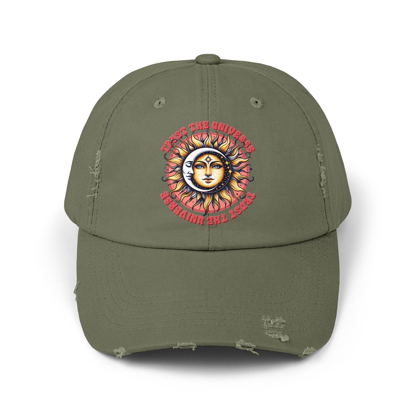 Unisex Distressed Cap, Universe Celestial baseball cap, Tarot Card hat, Mystical Moon Horoscope design, Casual everday hat