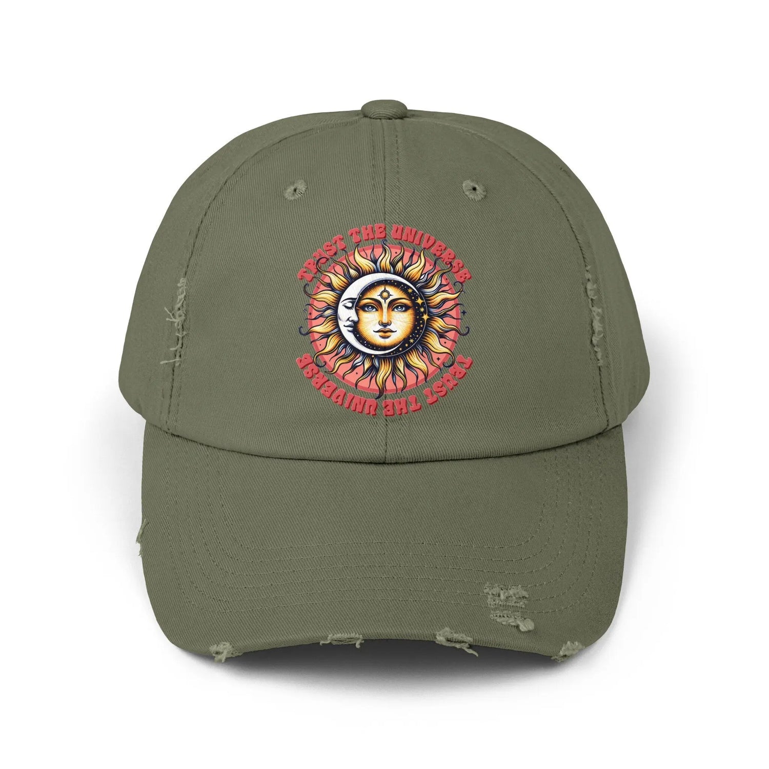 Unisex Distressed Cap, Universe Celestial baseball cap, Tarot Card hat, Mystical Moon Horoscope design, Casual everday hat