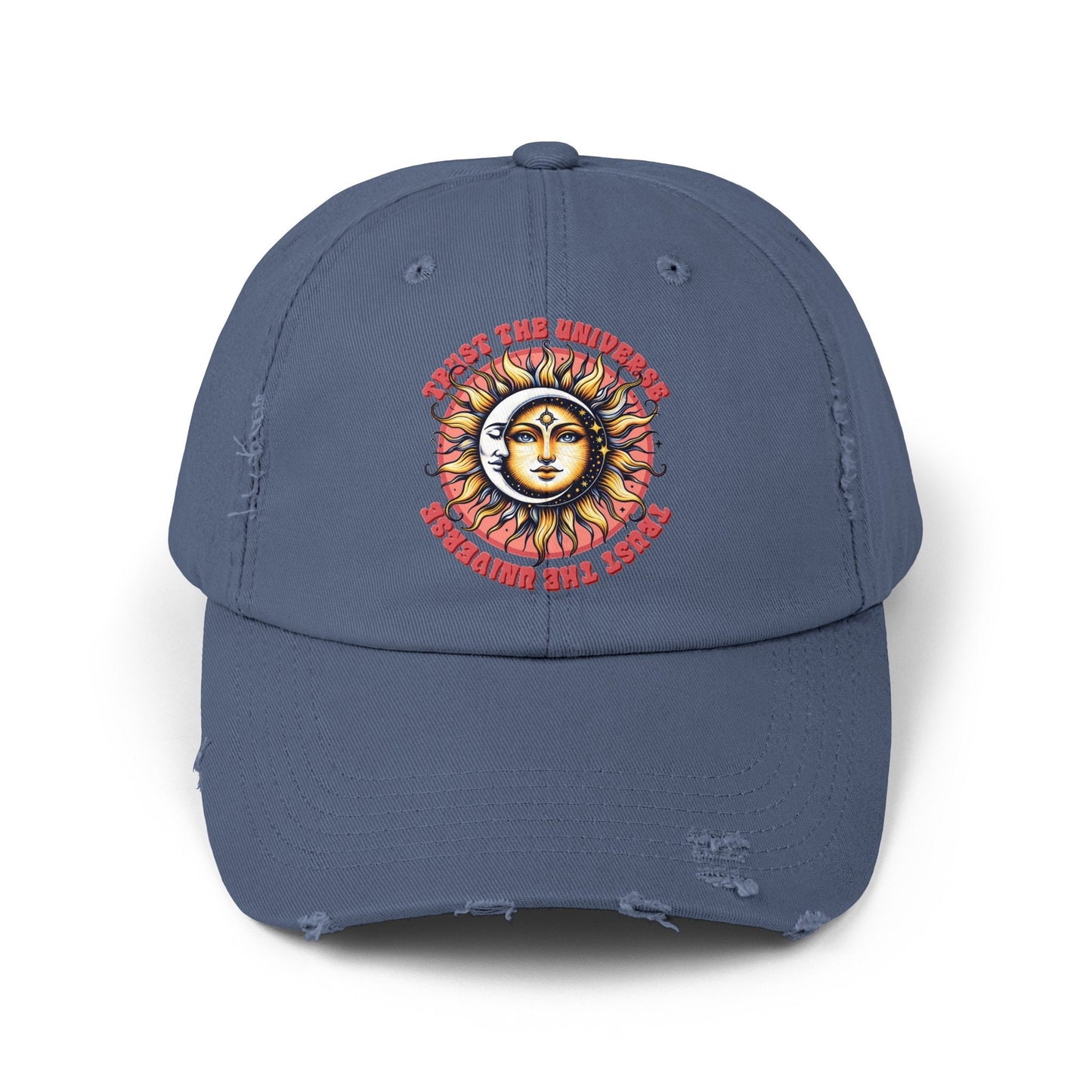 Unisex Distressed Cap, Universe Celestial baseball cap, Tarot Card hat, Mystical Moon Horoscope design, Casual everday hat