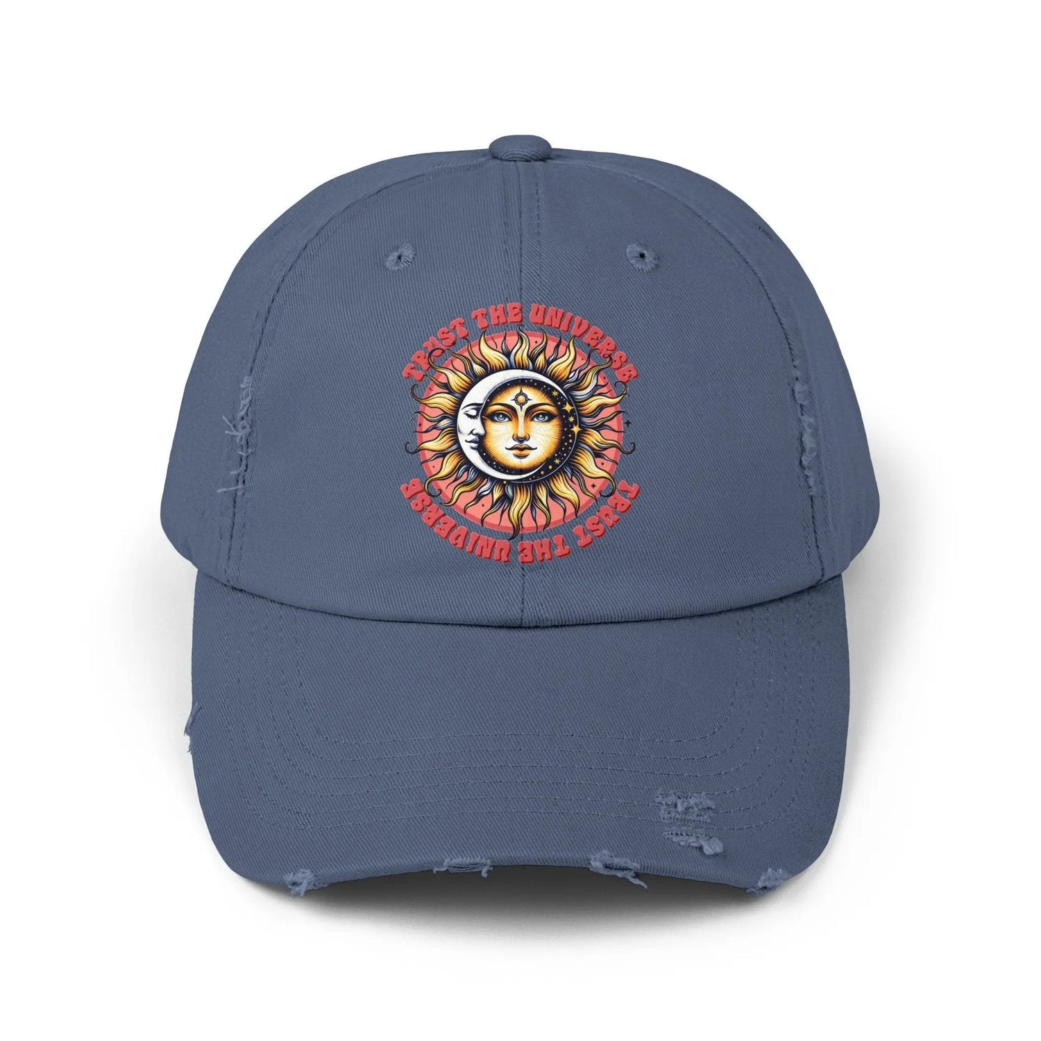 Unisex Distressed Cap, Universe Celestial baseball cap, Tarot Card hat, Mystical Moon Horoscope design, Casual everday hat