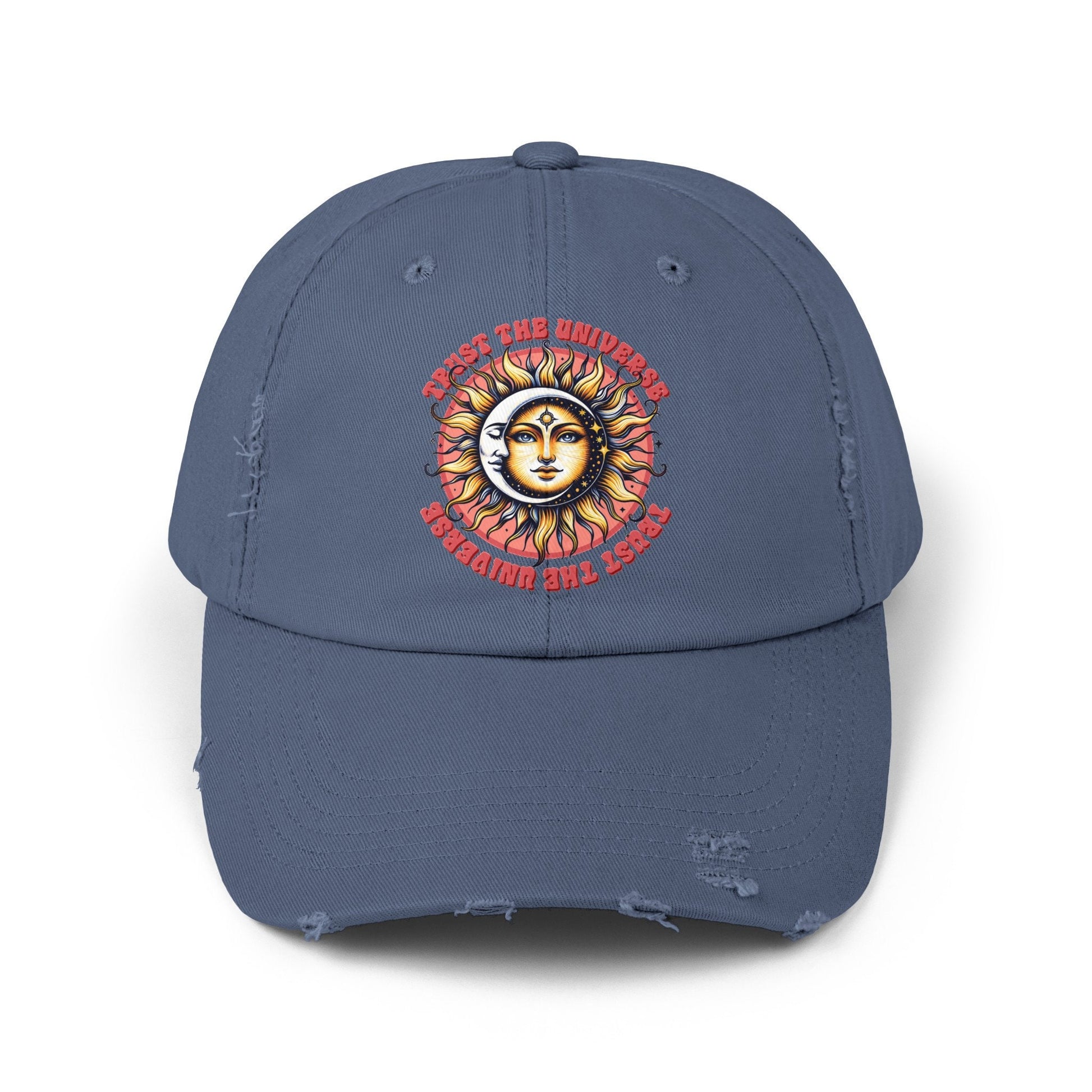 Unisex Distressed Cap, Universe Celestial baseball cap, Tarot Card hat, Mystical Moon Horoscope design, Casual everday hat