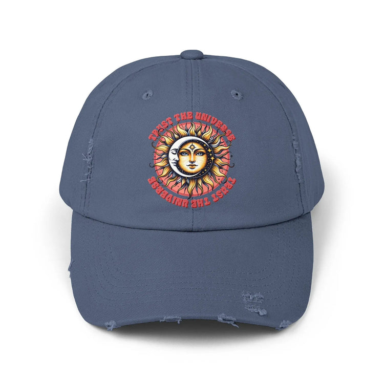 Unisex Distressed Cap, Universe Celestial baseball cap, Tarot Card hat, Mystical Moon Horoscope design, Casual everday hat