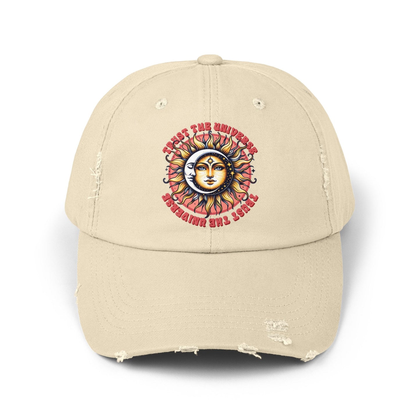 Unisex Distressed Cap, Universe Celestial baseball cap, Tarot Card hat, Mystical Moon Horoscope design, Casual everday hat
