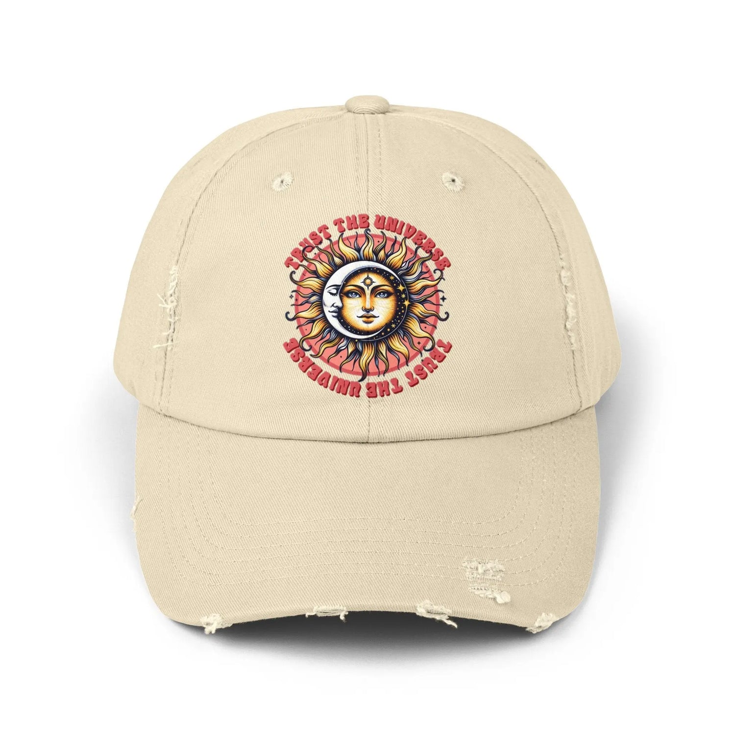 Unisex Distressed Cap, Universe Celestial baseball cap, Tarot Card hat, Mystical Moon Horoscope design, Casual everday hat