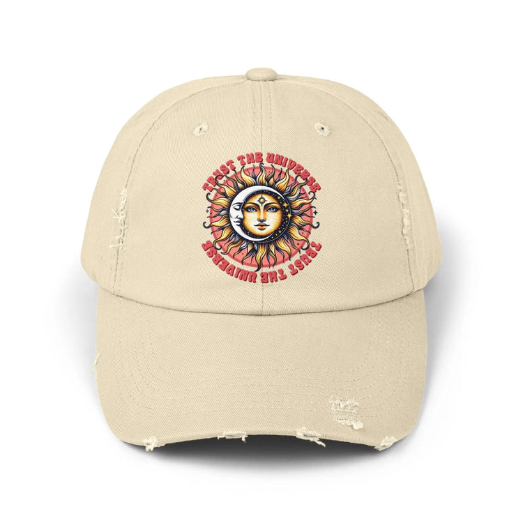 Unisex Distressed Cap, Universe Celestial baseball cap, Tarot Card hat, Mystical Moon Horoscope design, Casual everday hat