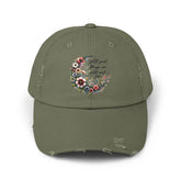 Unisex Distressed Cap, Floral Moon design baseball cap, Positive empowering clothing wear, uplifting female gift, Casual hat The Aurora Touch