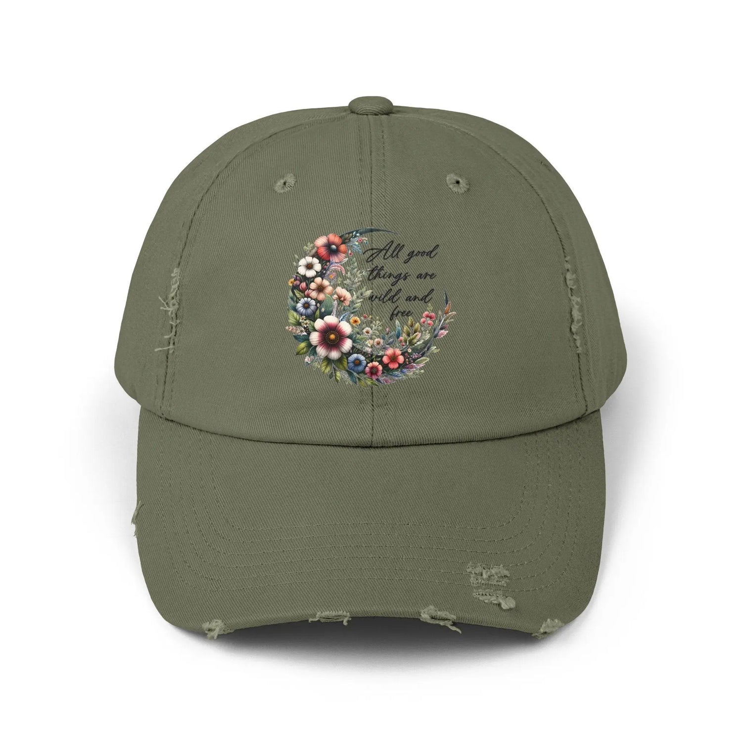 Unisex Distressed Cap, Floral Moon design baseball cap, Positive empowering clothing wear, uplifting female gift, Casual hat