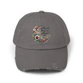 Unisex Distressed Cap, Floral Moon design baseball cap, Positive empowering clothing wear, uplifting female gift, Casual hat The Aurora Touch