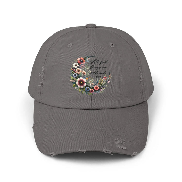 Unisex Distressed Cap, Floral Moon design baseball cap, Positive empowering clothing wear, uplifting female gift, Casual hat The Aurora Touch