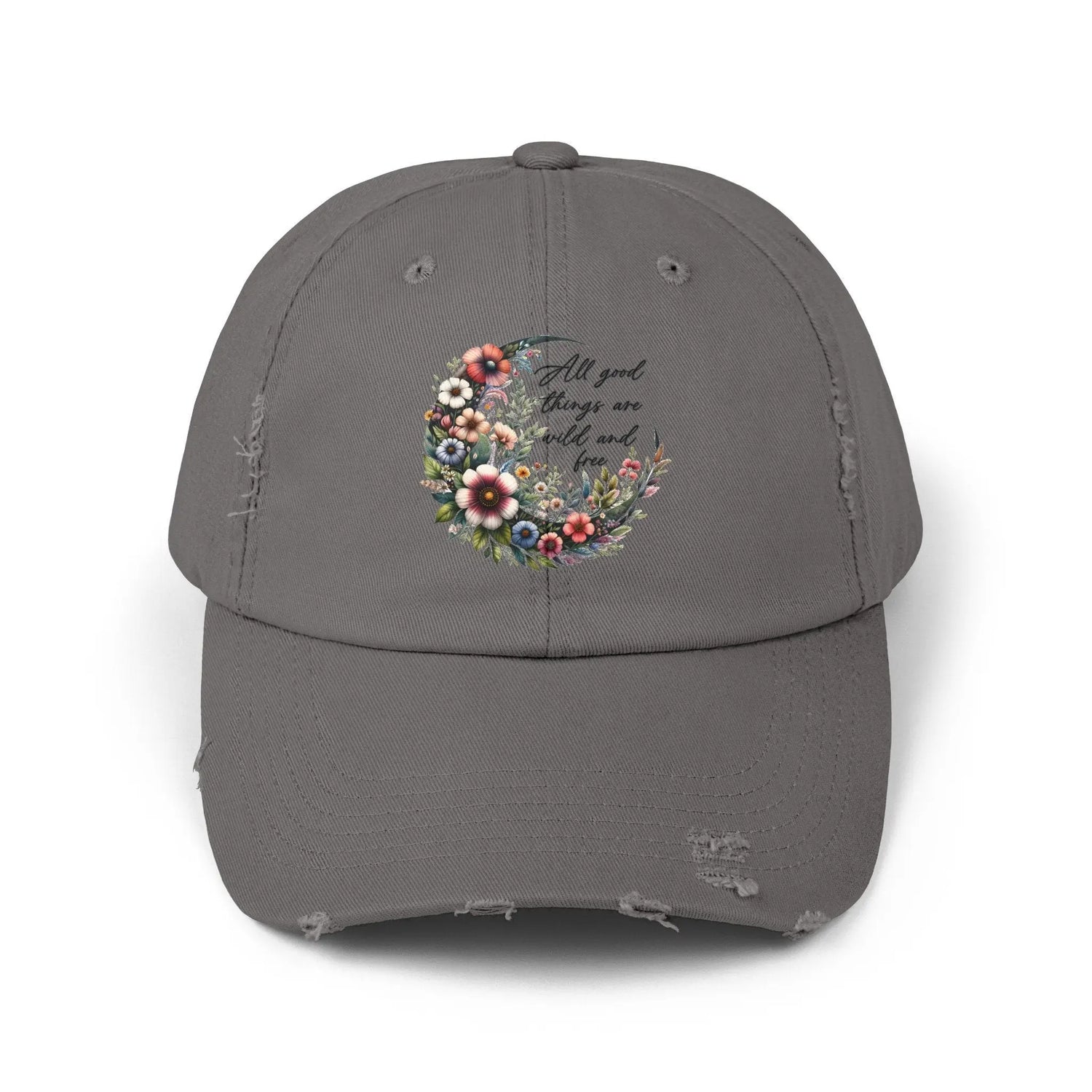 Unisex Distressed Cap, Floral Moon design baseball cap, Positive empowering clothing wear, uplifting female gift, Casual hat