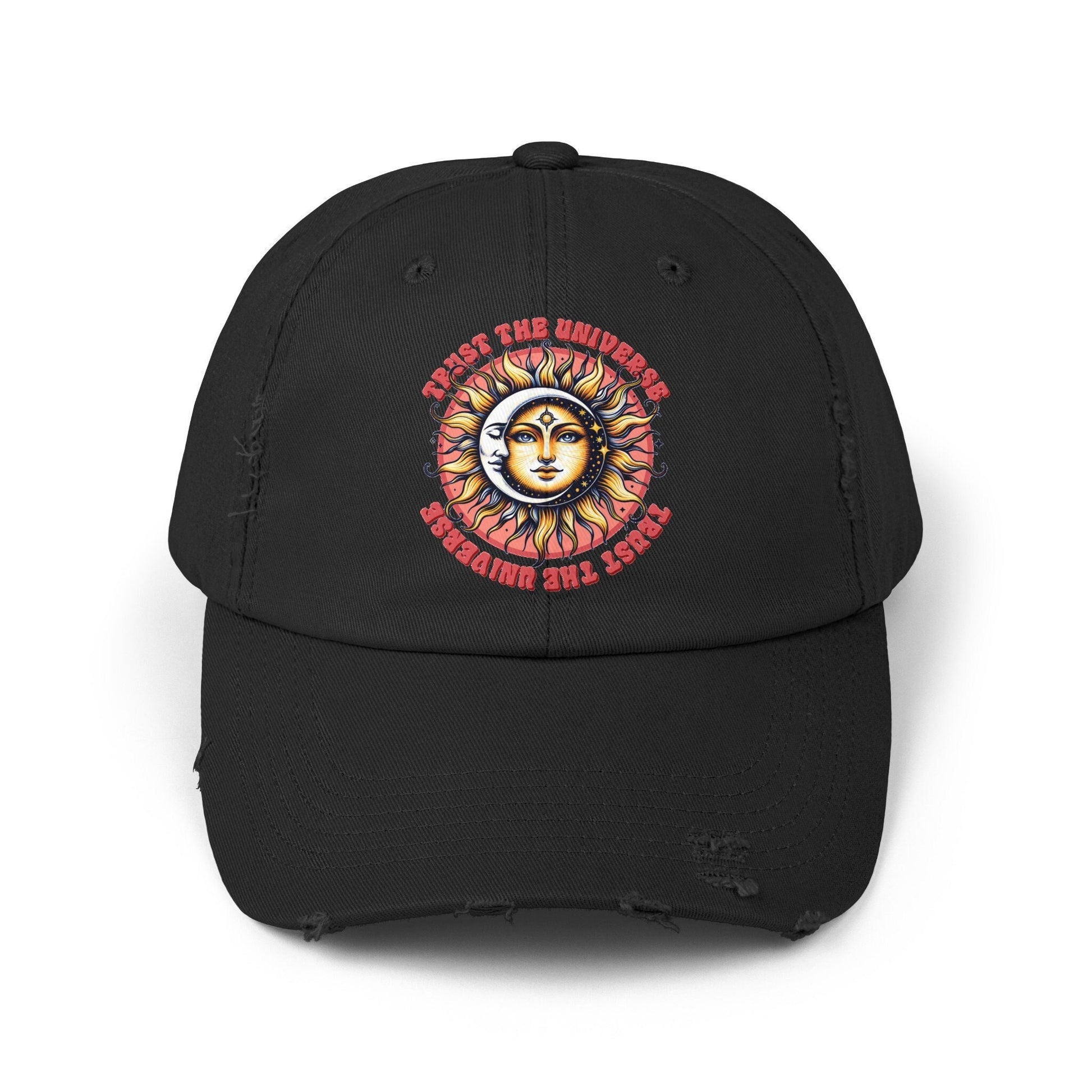 Unisex Distressed Cap, Universe Celestial baseball cap, Tarot Card hat, Mystical Moon Horoscope design, Casual everday hat