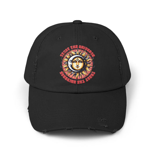 Unisex Distressed Cap, Universe Celestial baseball cap, Tarot Card hat, Mystical Moon Horoscope design, Casual everday hat
