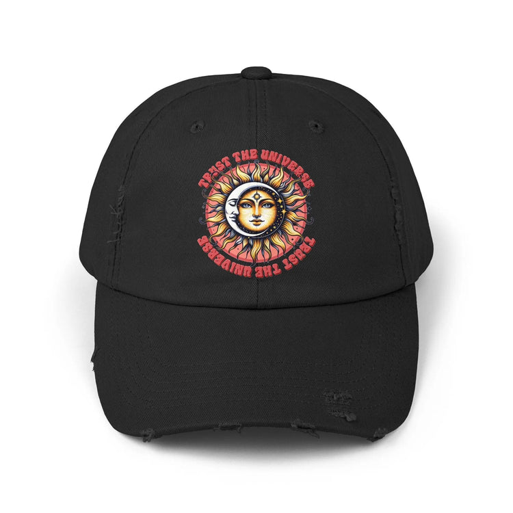 Unisex Distressed Cap, Universe Celestial baseball cap, Tarot Card hat, Mystical Moon Horoscope design, Casual everday hat