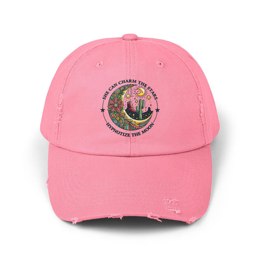 Unisex Distressed Cap, Female empowerment baseball cap, Celestial inspired designed casual hat, great female gift