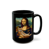 Black Mug (11oz, 15oz), Mona Lisa Coffee Mug, Humorous Kitty Cat coffee tea mug, Silly customized gift, uplifting kitchenware The Aurora Touch