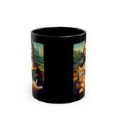 Black Mug (11oz, 15oz), Mona Lisa Coffee Mug, Humorous Kitty Cat coffee tea mug, Silly customized gift, uplifting kitchenware The Aurora Touch