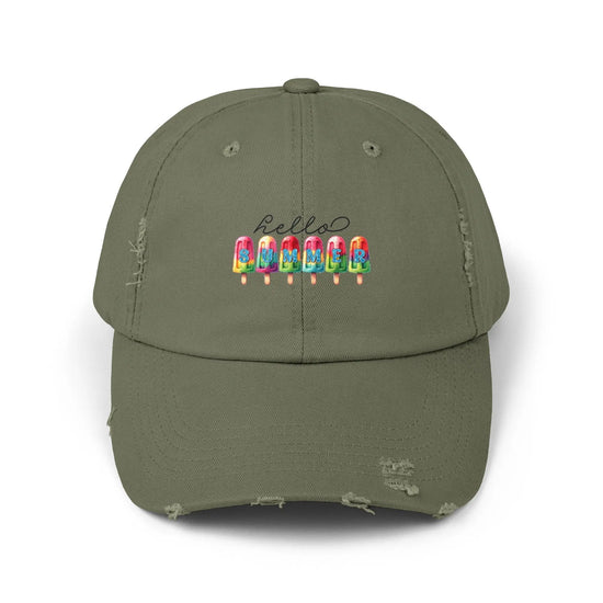 Unisex Distressed Cap, hello summer novelty colorful head cap, daily casual hair cap, Summer Golfing Hat, Everyday casual wear The Aurora Touch