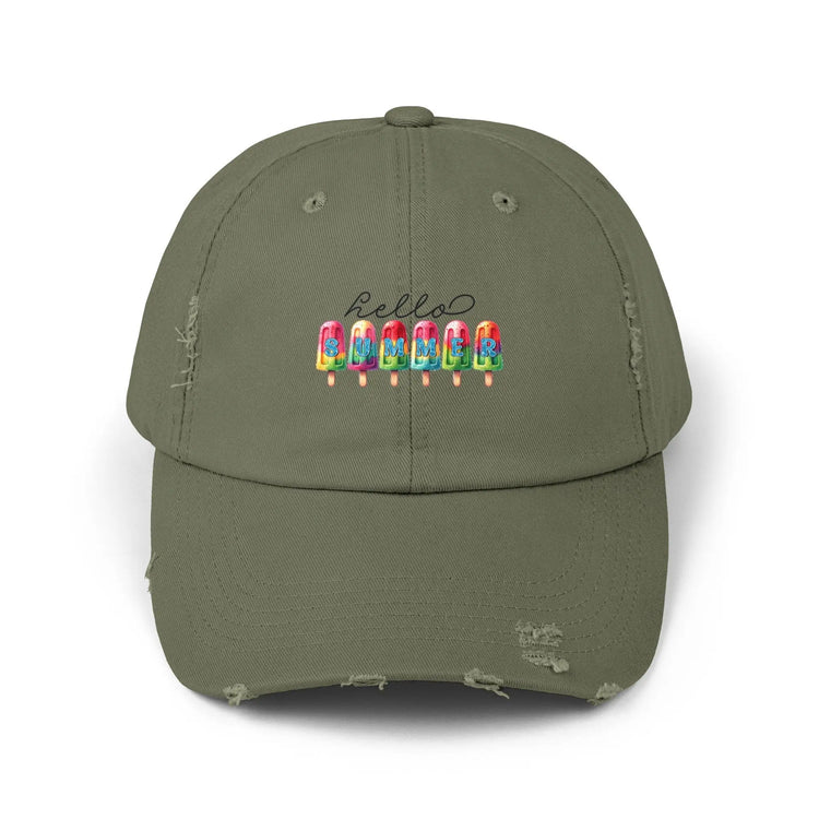 Unisex Distressed Cap, hello summer novelty colorful head cap, daily casual hair cap, Summer Golfing Hat, Everyday casual wear The Aurora Touch