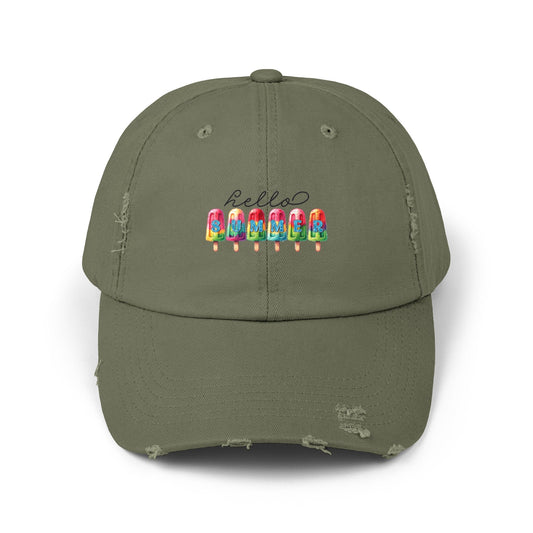 Unisex Distressed Cap, hello summer novelty colorful head cap, daily casual hair cap, Summer Golfing Hat, Everyday casual wear