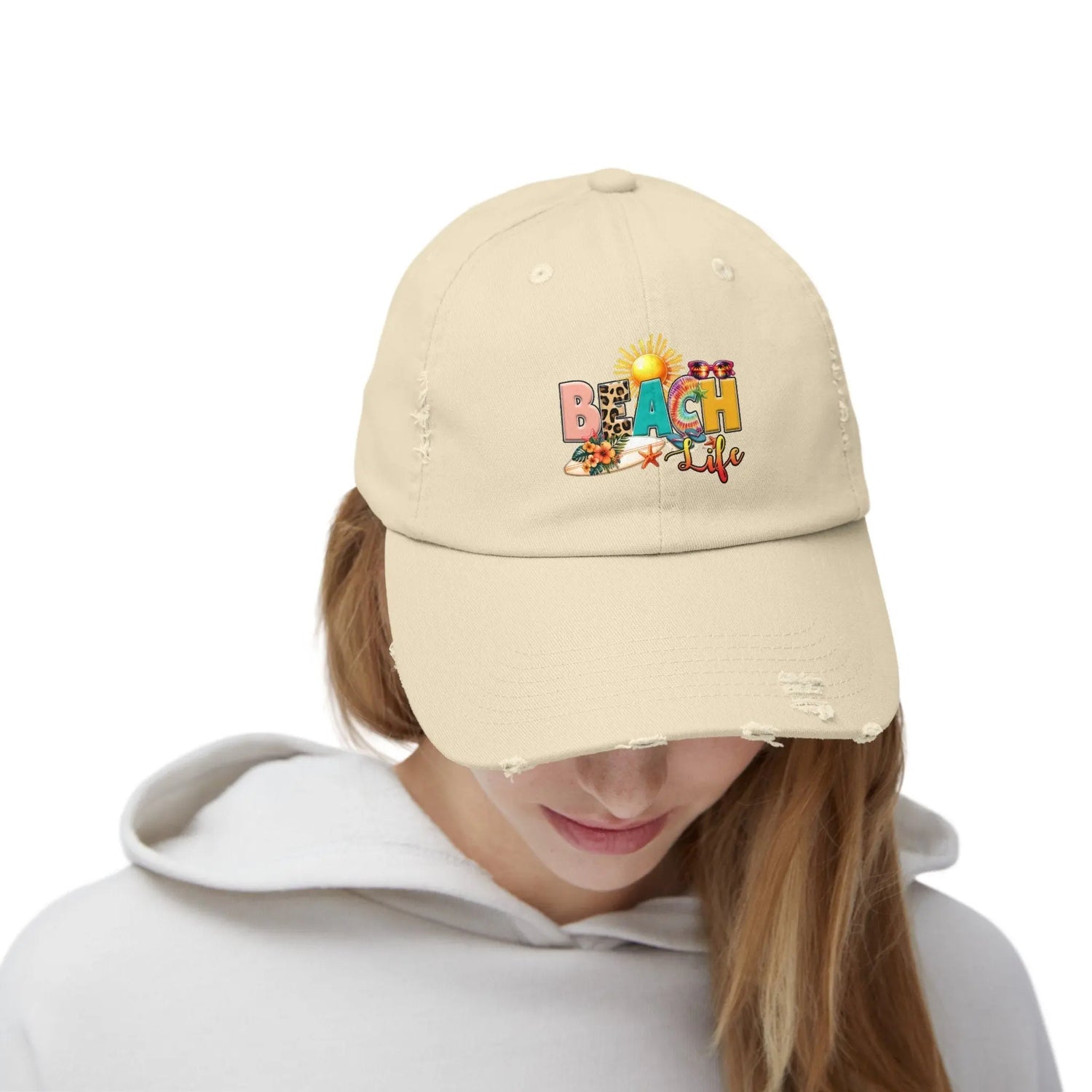 Unisex Distressed Cap, Beach Life Casual Cap, Everyday Simple Casual laid back Beach Wear, everyday hat