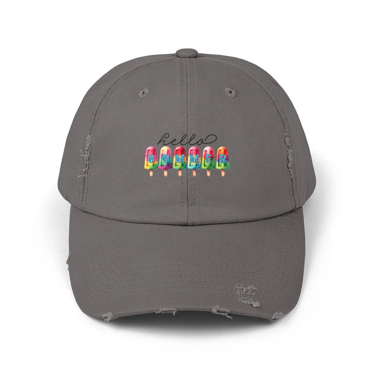 Unisex Distressed Cap, hello summer novelty colorful head cap, daily casual hair cap, Summer Golfing Hat, Everyday casual wear The Aurora Touch