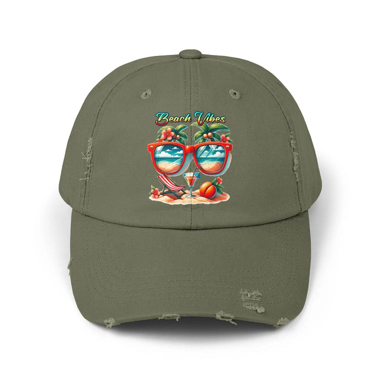 Unisex Distressed Cap, Cool Beach Vibes Casual Summer Laid Back Head cap, Relaxing travel wear, Novelty everyday Golfing hat