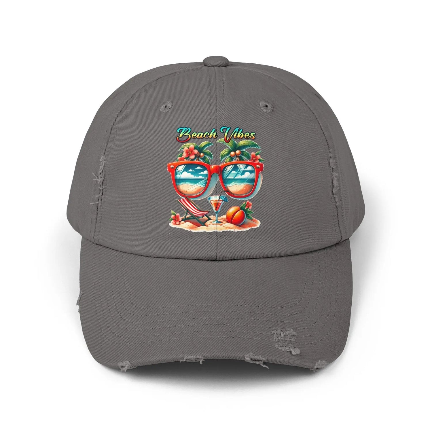 Unisex Distressed Cap, Cool Beach Vibes Casual Summer Laid Back Head cap, Relaxing travel wear, Novelty everyday Golfing hat