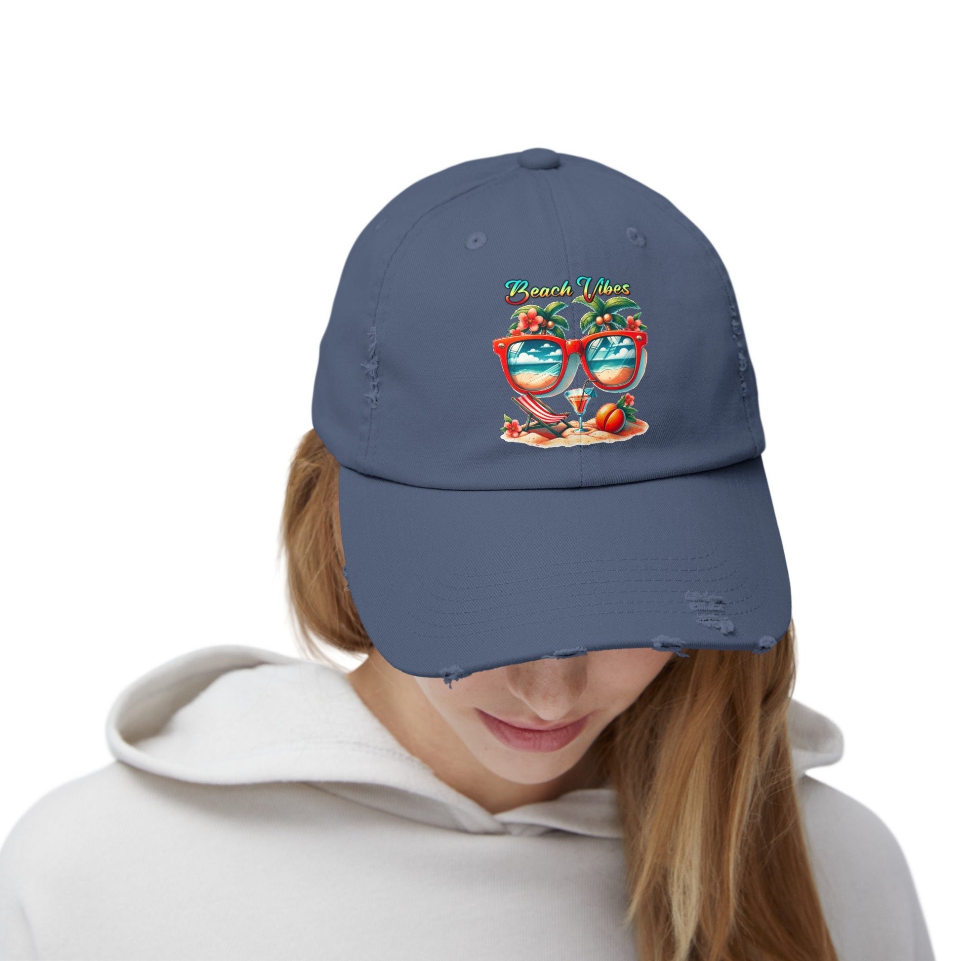 Unisex Distressed Cap, Cool Beach Vibes Casual Summer Laid Back Head cap, Relaxing travel wear, Novelty everyday Golfing hat