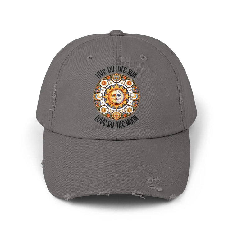 Unisex Distressed Cap, Moon Tarot Inspired designed hat, Celestial designed baseball cap, All Gender baseball hat, Stylish everyday wear The Aurora Touch