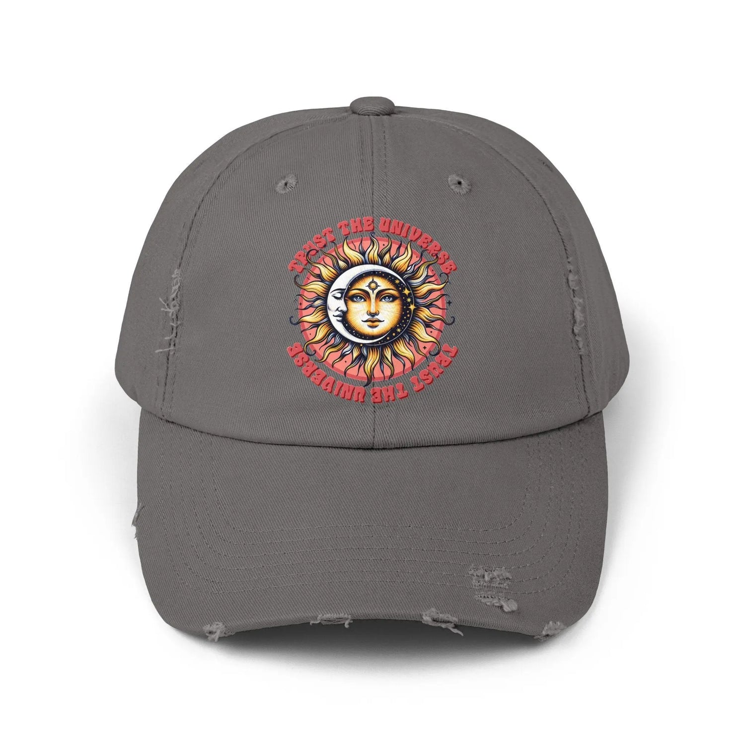 Unisex Distressed Cap, Universe Celestial baseball cap, Tarot Card hat, Mystical Moon Horoscope design, Casual everday hat